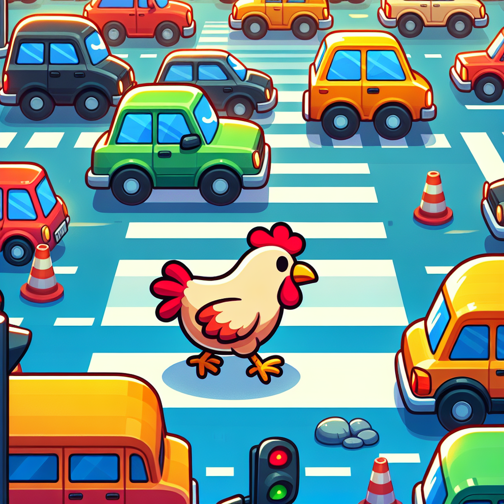 A chicken crossing a busy road